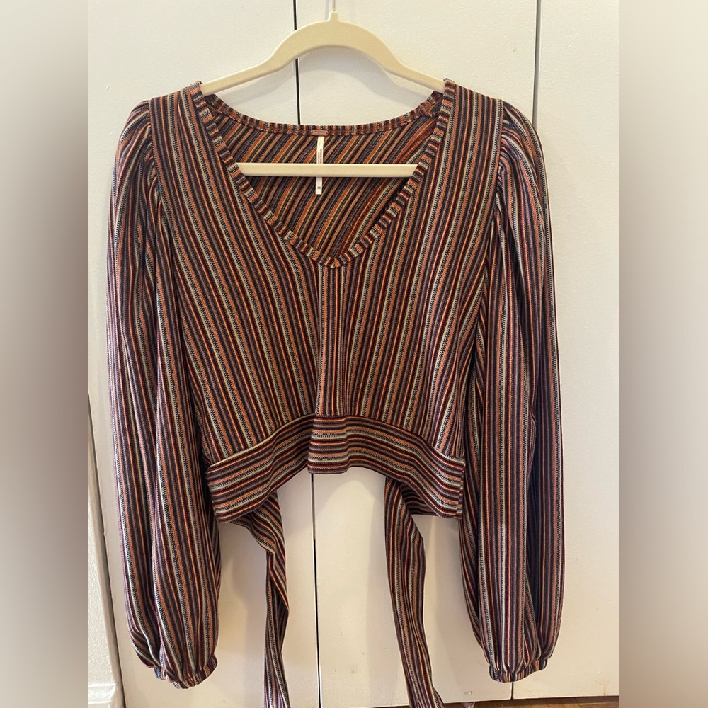 Free People Top Autumn Nights Navy Multi Striped Tie-back Shirt XS